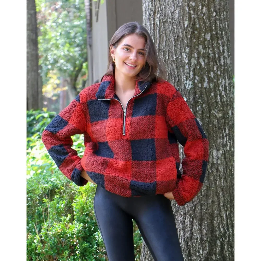 MEROKEETY Women's Plaid Sherpa Fleece Zip Pullover Jacket Medium - Picture 1 of 8